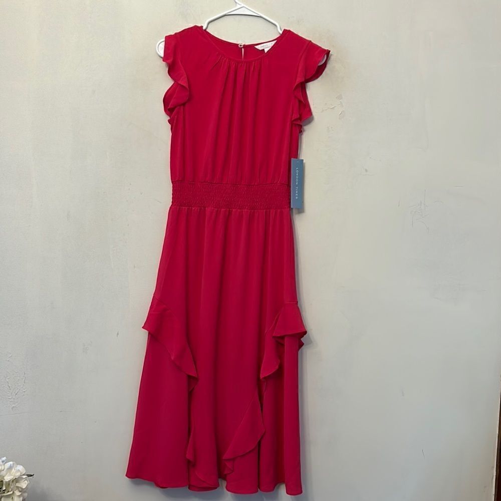London Times hot pink ruffle elastic waistband maxi dress Size 6 New